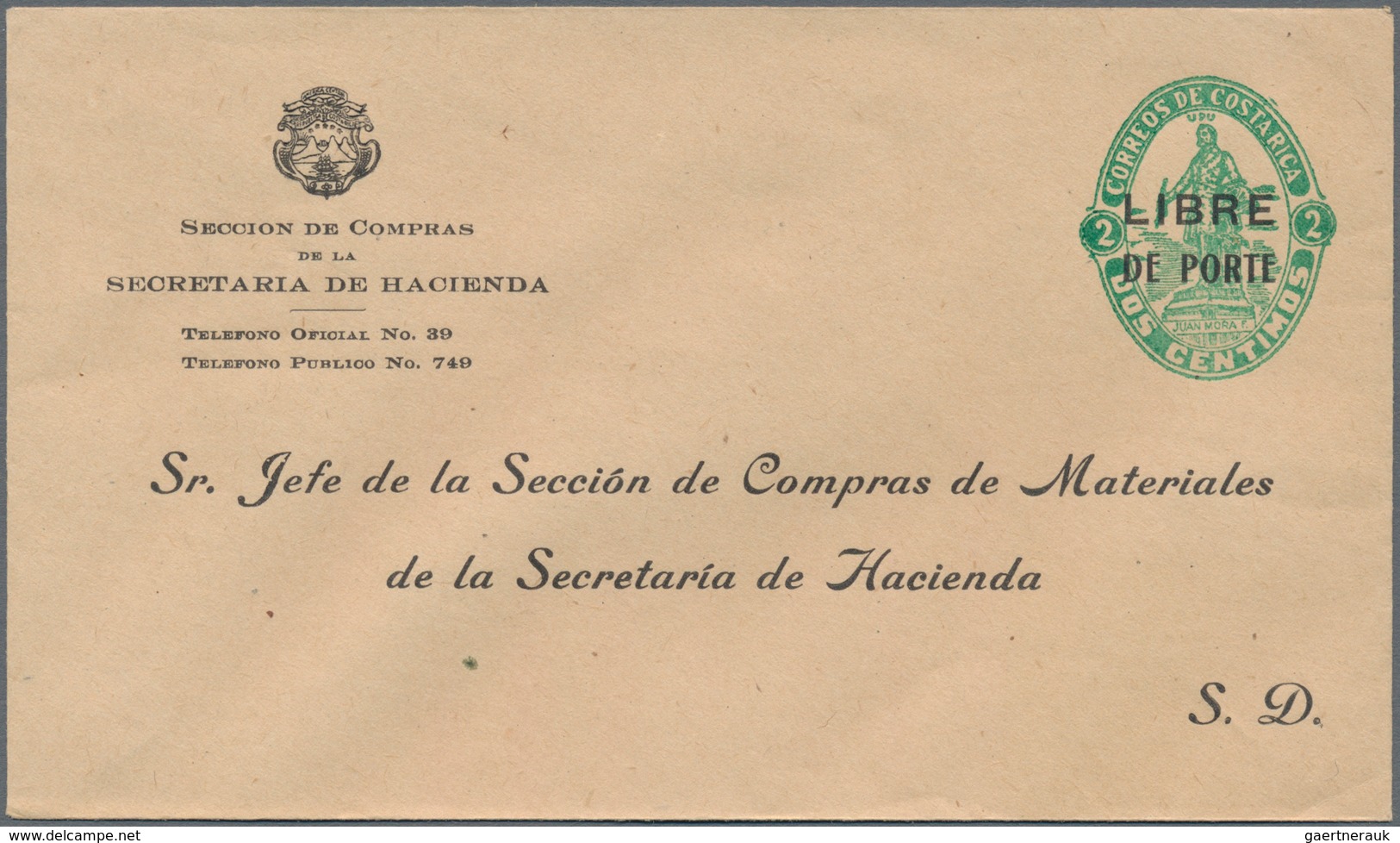 Costa Rica: 1923/24, Two Envelopes: Statue Of Juan Mora Fernandez 2 C Green On Manila With Overprint - Costa Rica