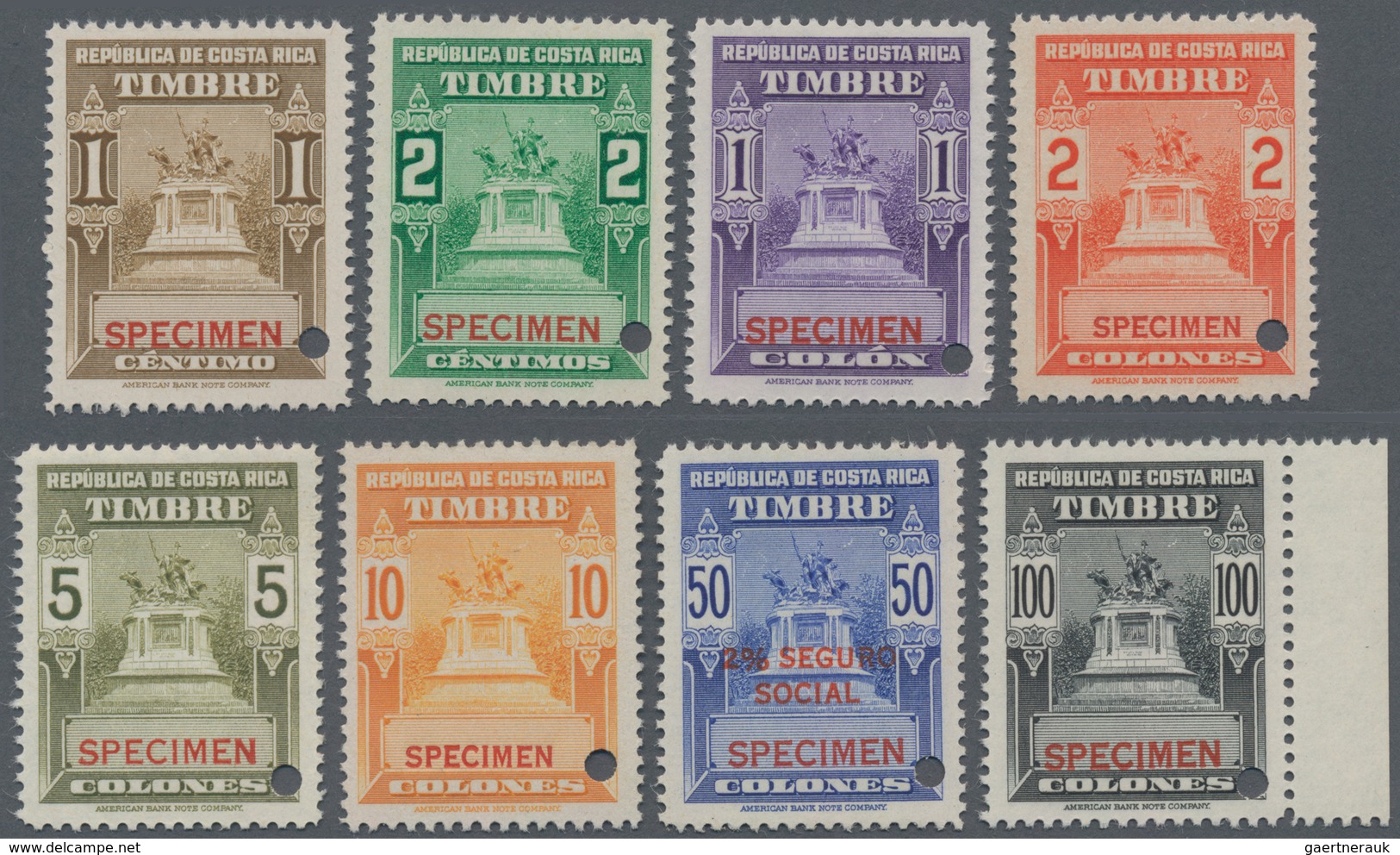Costa Rica: 1935 (ca.), Eight Different Revenue Stamps 'TIMBRE (with Monument)' From 1c. Brown To 10 - Costa Rica