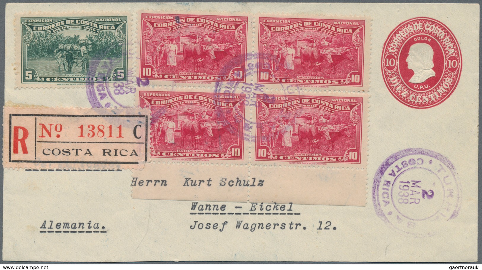 Costa Rica: 1938 (2.3.), Stat. Envelope 10c. Red Uprated With 5c. 'banana Transport' And 10c. 'coffe - Costa Rica