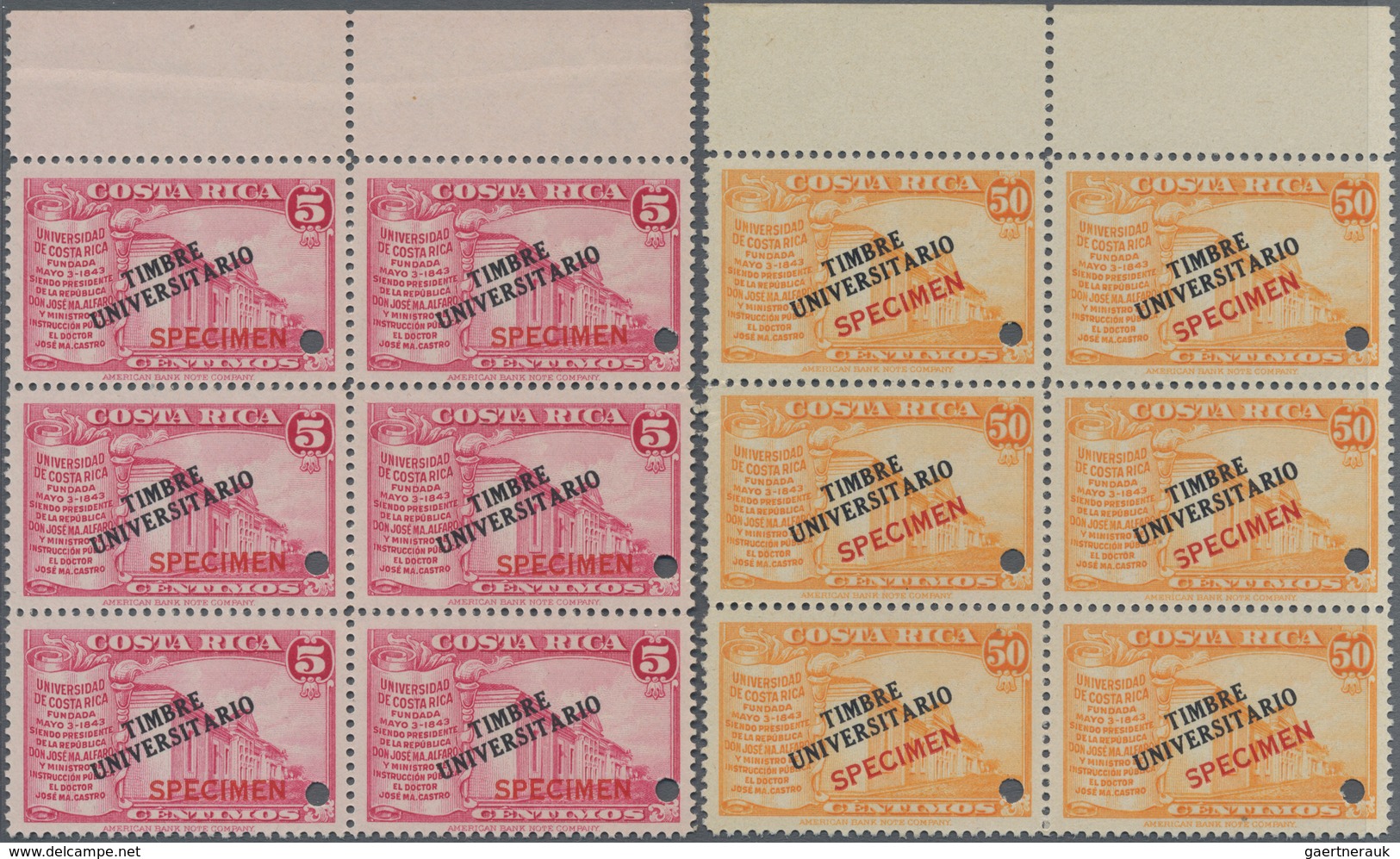 Costa Rica: 1941, National University Two Stamps In Unissued Colours With 5c. Carmine And 50c. Yello - Costa Rica