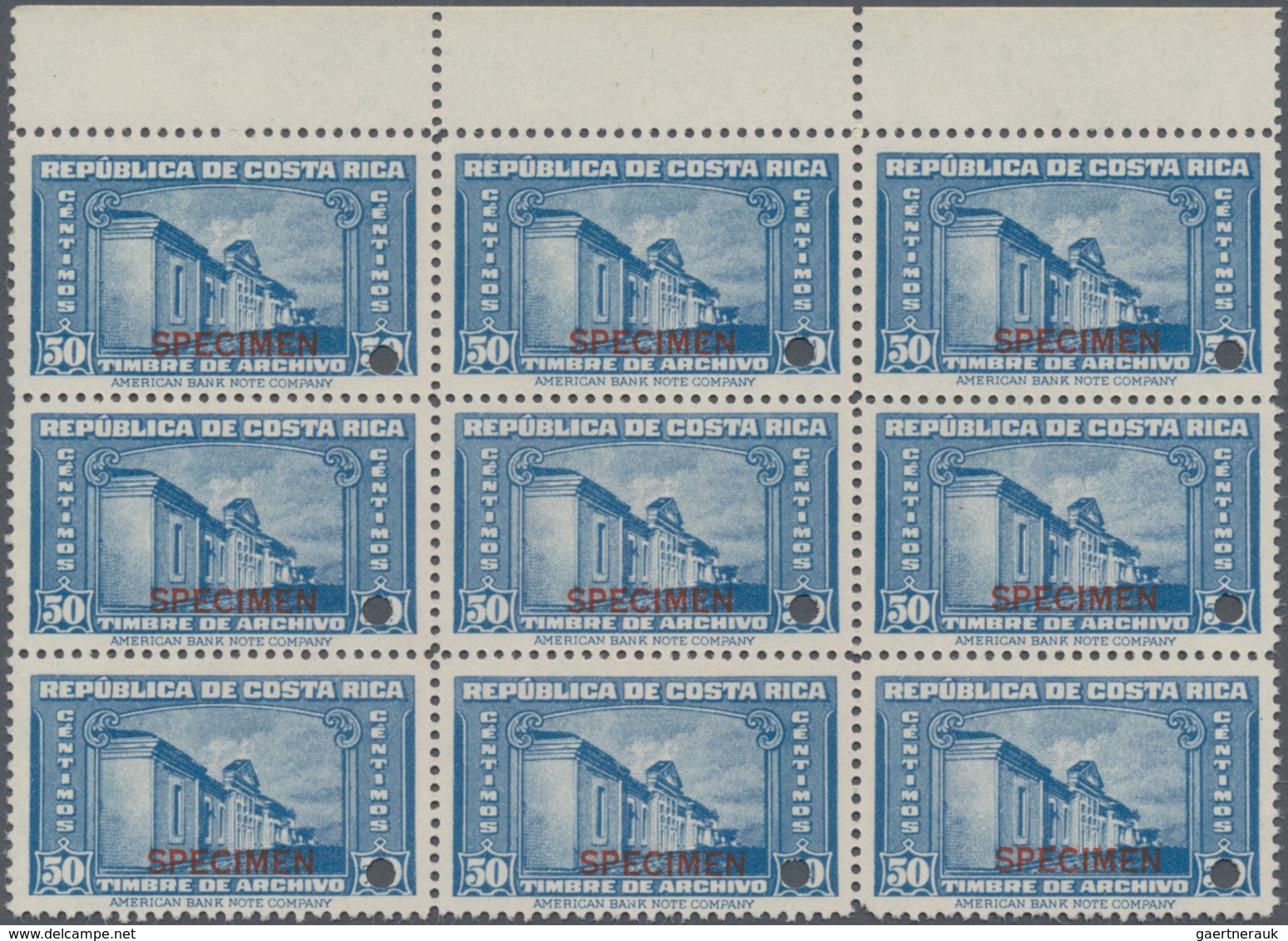 Costa Rica: 1941 (ca.), National University 50c. Blue Revenue Stamp 'TIMBRE DE ARCHIVO' With Punch H - Costa Rica