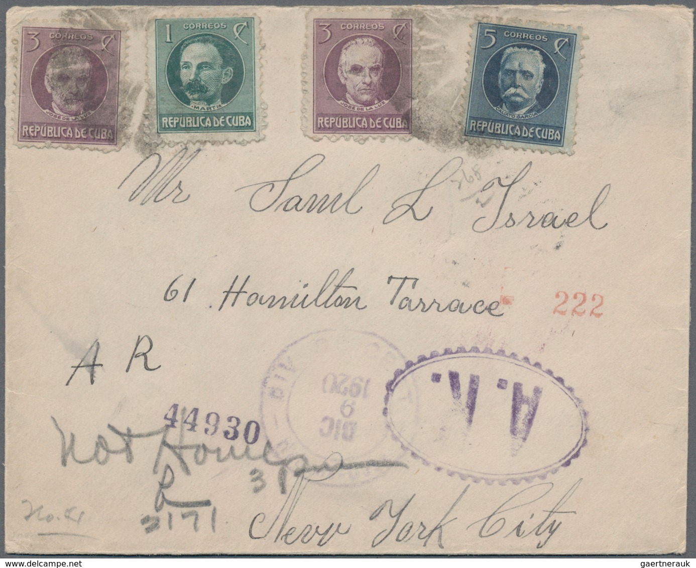Cuba: 1912/1920, Two Registered Avis De Reception Letters From Havanna To San Francisco Resp. New Yo - Other & Unclassified