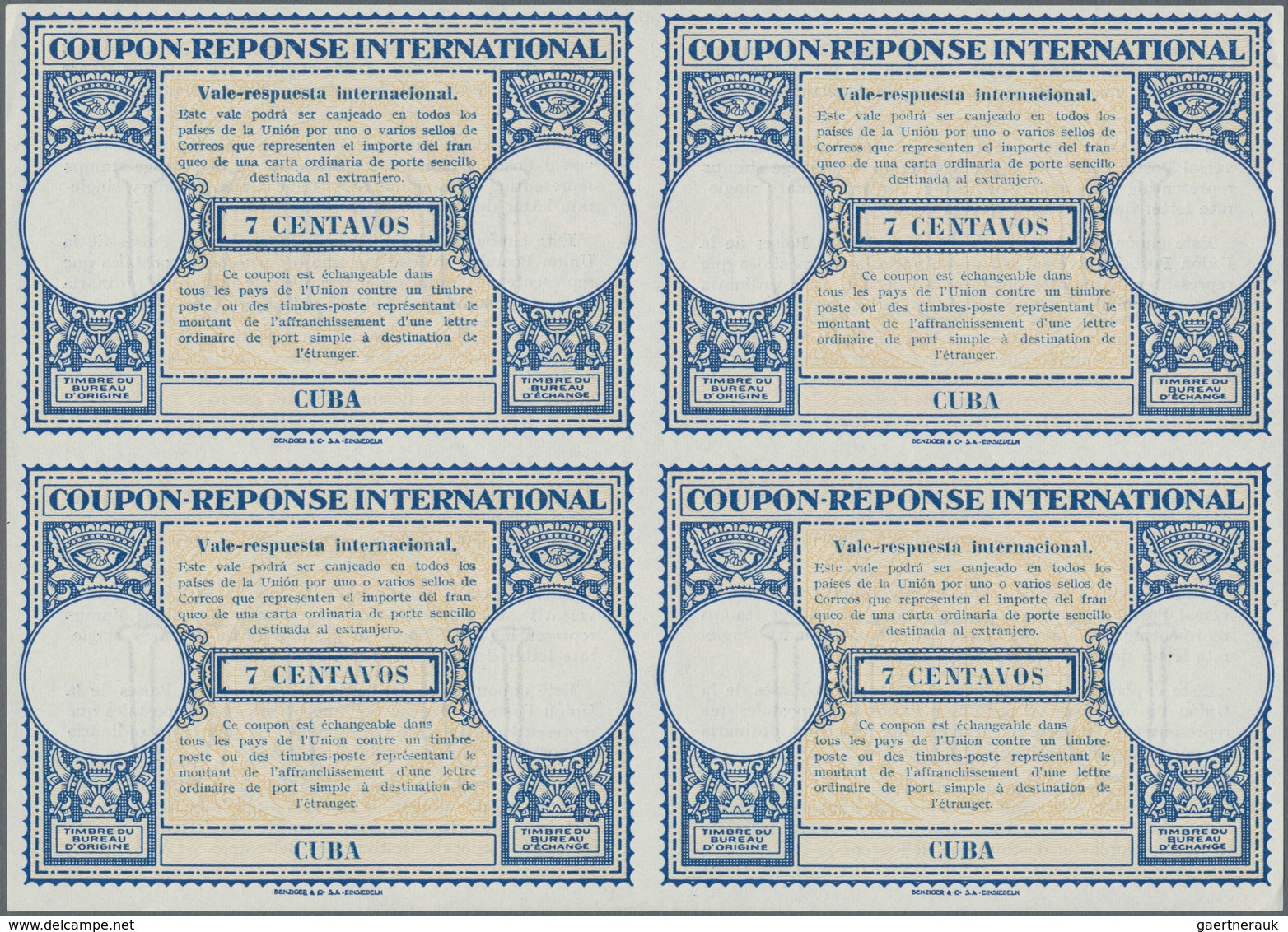 Cuba: 1947, March. International Reply Coupon 7 Centavos (London Type) In An Unused Block Of 4. Luxu - Other & Unclassified