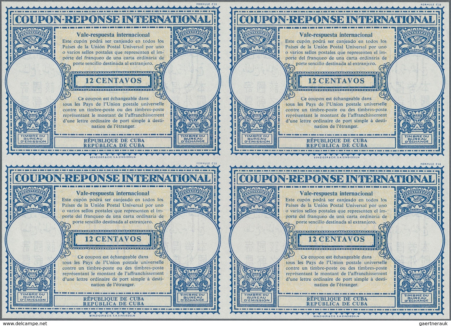 Cuba: 1957. International Reply Coupon 12 Centavos (London Type) In An Unused Block Of 4. Issued Dec - Other & Unclassified