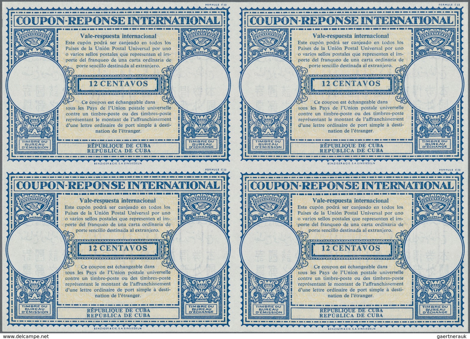 Cuba: 1957, December. International Reply Coupon 12 Centavos (London Type) In An Unused Block Of 4. - Sonstige & Ohne Zuordnung