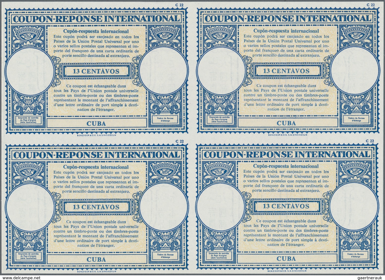 Cuba: 1961, February. International Reply Coupon 13 Centavos (London Type) In An Unused Block Of 4. - Sonstige & Ohne Zuordnung