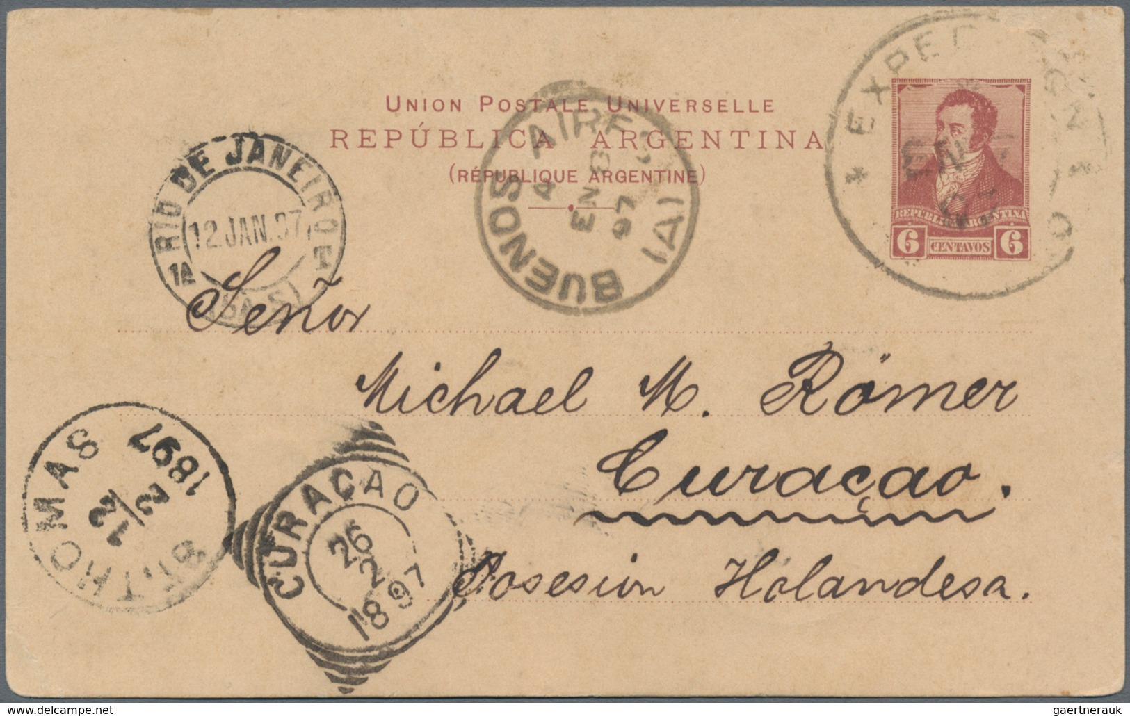 Curacao - Ganzsachen: 1893, Argentinia Stationery Card 6 C Red On Buff Sent From Rosario With Cds "E - Other & Unclassified