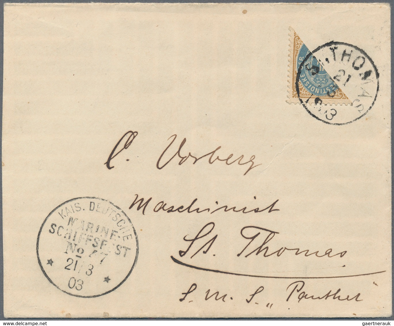 Dänisch-Westindien: 1903 Local St. Thomas Cover Franked By BISECTED 4c. Blue & Brown Tied By "ST. TH - Denmark (West Indies)