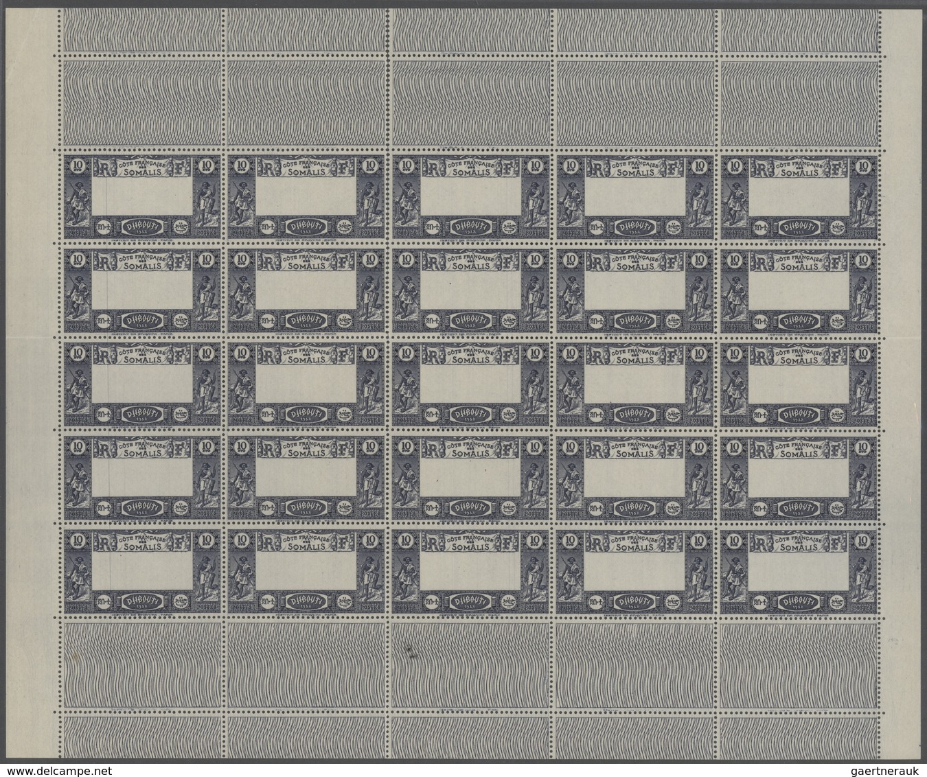 Dschibuti: 1938, Definitives "Views Of Djibouti", 10fr. Showing Variety "Missing Centre", Pane Of 25 - Djibouti (1977-...)