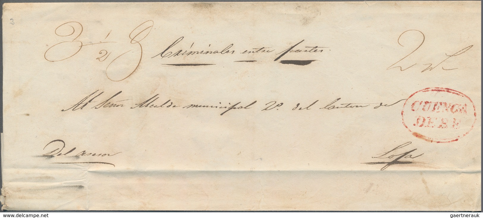 Ecuador: 1830's-1850: Four covers/letters from CUENCA bearing different oval handstamps in red, i.e.