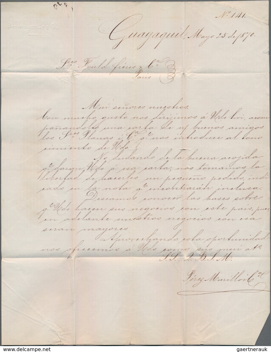 Ecuador: 1870 Entire From Guayaquil To Paris Via Panama, London And Calais, Bearing "GUAYAQUIL/MY 26 - Ecuador