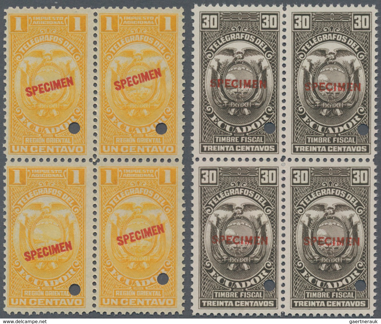 Ecuador: 1924 (ca.), Revenues Stamps 'TELEGRAFOS DEL ECUADOR' Four Different Stamps 1c. Yellow, 30c. - Ecuador