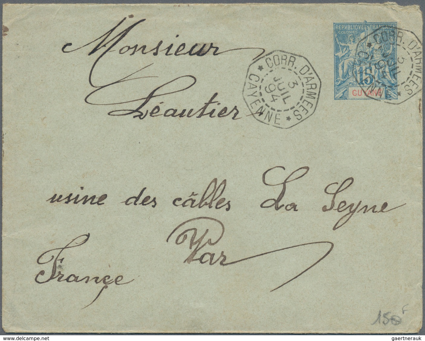 Französisch-Guyana: 1894, Postal Stationery Envelope 15 (c) Blue/red On On Bluish Green Canceled "CO - Other & Unclassified