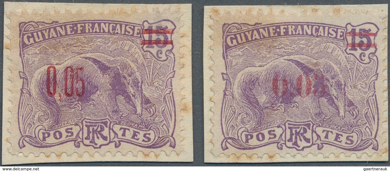 Französisch-Guyana: 1922, Revaluation Overprints, 0.05 On 15c. Violet "Anteater", Two Essays Of Over - Other & Unclassified