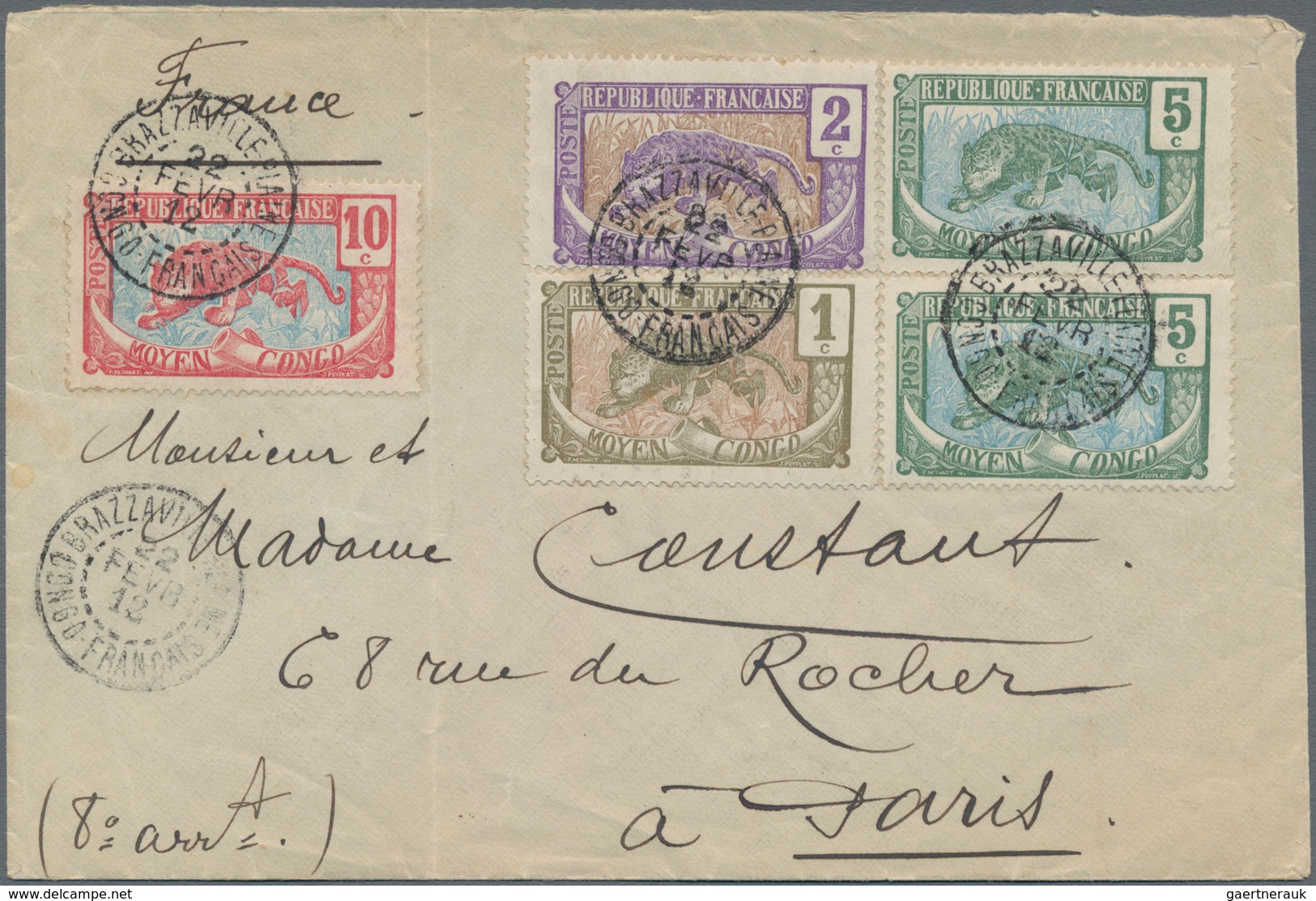 Französisch-Kongo: 1912, Letter With Four-colour Franking (motive Leopard) From Brazzaville To Paris - Other & Unclassified