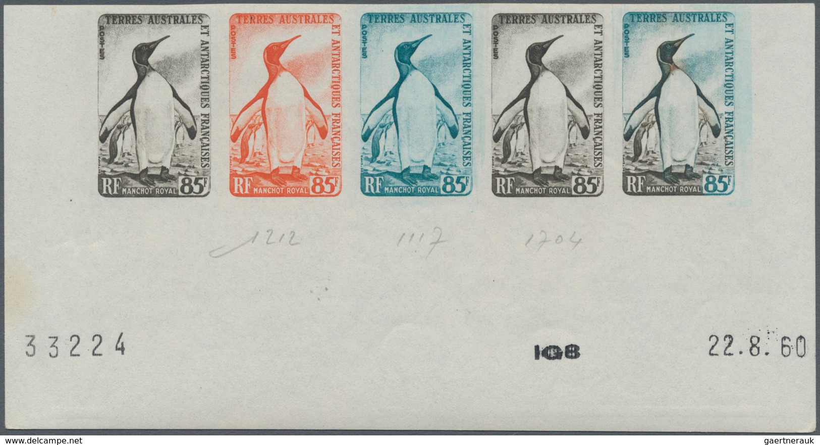 Französische Gebiete In Der Antarktis: 1960, 85fr. King Penguin, Imperforate Colour Proof, Marginal - Covers & Documents