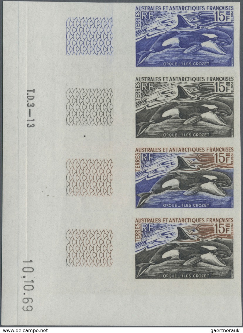 Französische Gebiete In Der Antarktis: 1969, 15fr. Orca, Imperforate Colour Proof, Marginal Strip Of - Covers & Documents