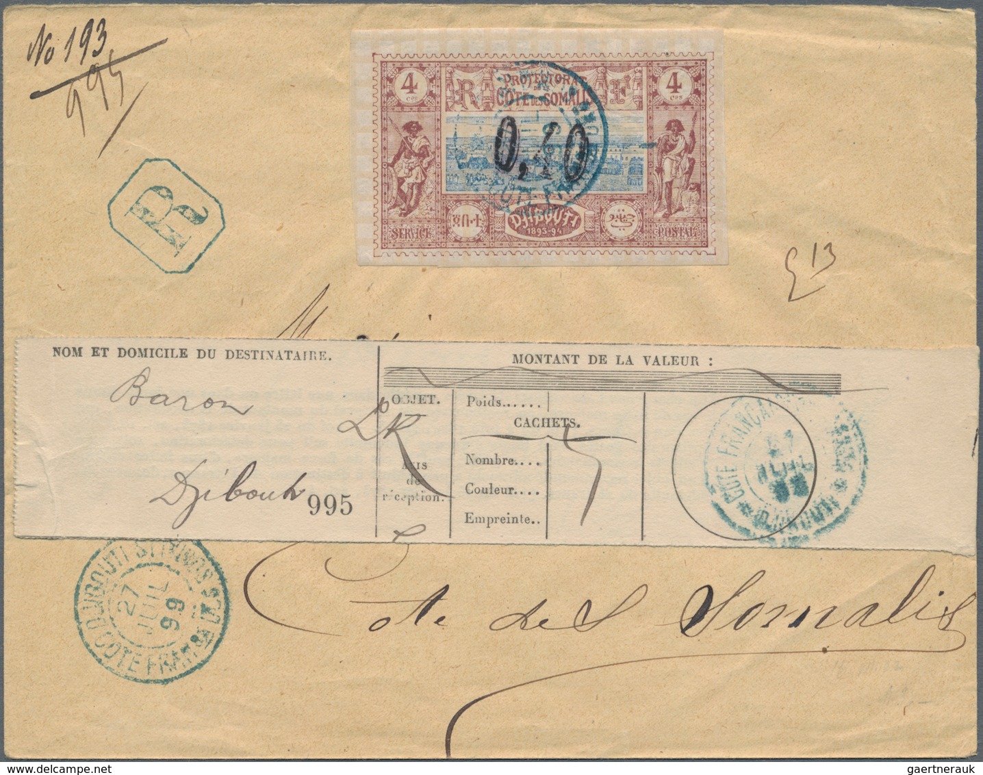 Französische Somaliküste: 1899, 0.40 Fr./4 C. Canc. Blue "DJIBOUTI 27 JUIL 99" On Registered Local C - Briefe U. Dokumente