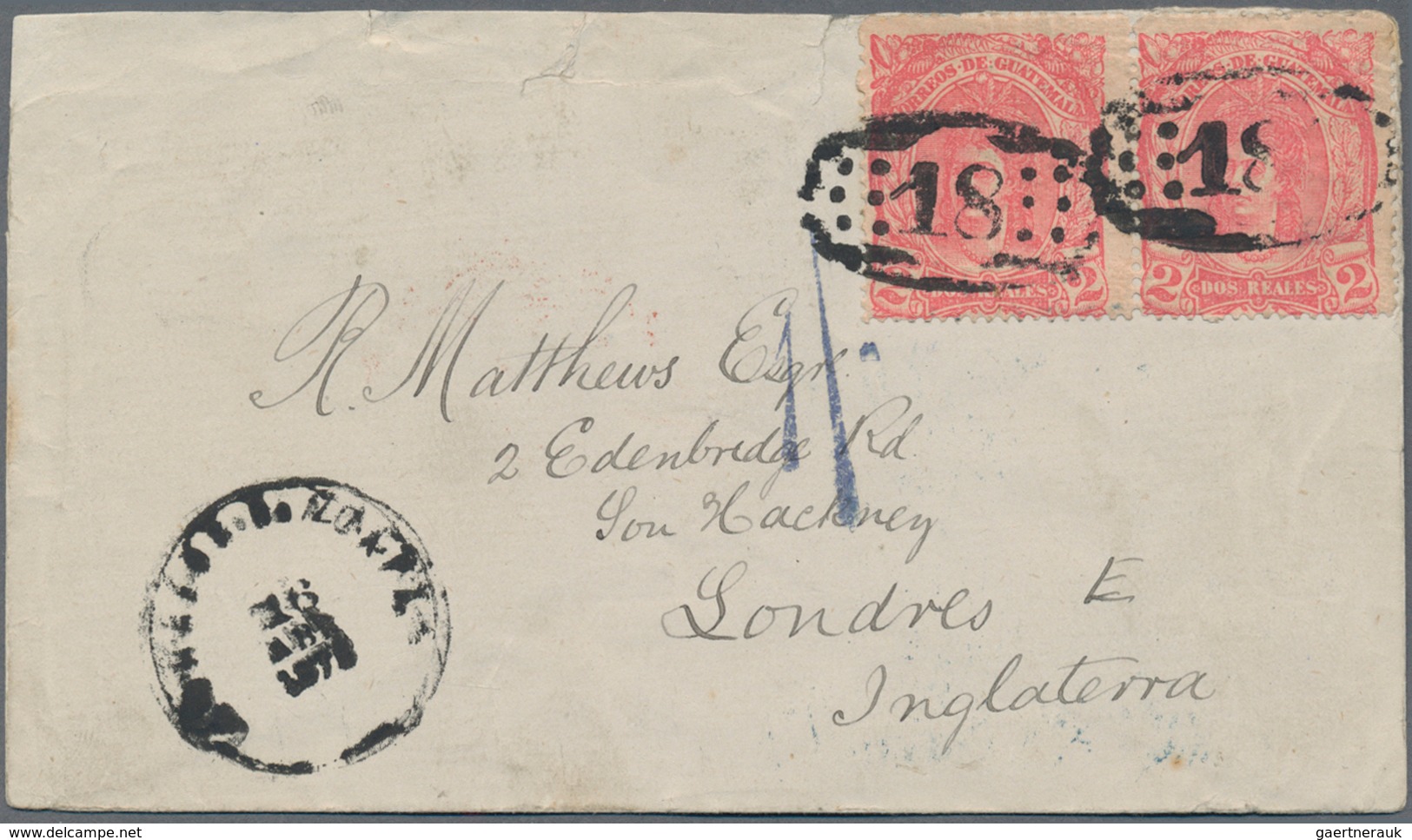 Guatemala: 1878 Cover From Zacapa To London Franked By 1878 2r. Carmine-rose Pair Tied By Numeral "1 - Guatemala