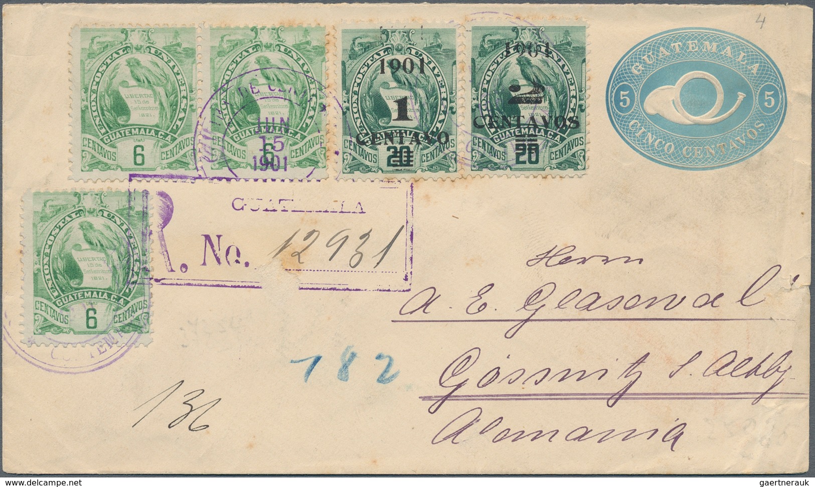 Guatemala - Ganzsachen: 1901, Used Postal Stationery Envelope 5 Centavos Blue On Cream, Sent By Regi - Guatemala