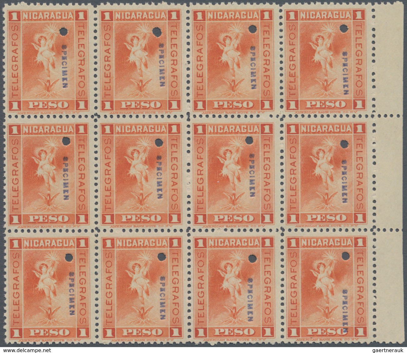 Haiti: 1900, Revenue Stamp 1peso Orange 'TELEGRAFOS' Block Of Twelve From Right Margin With Punch Ho - Haiti