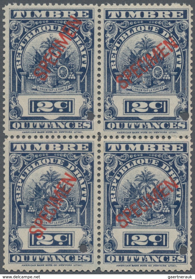 Haiti: 1900 (ca.), Revenue Stamp 'TIMBRE QUITTANCES' (coat Of Arms) 2c. Deep Blue Block Of Four With - Haiti