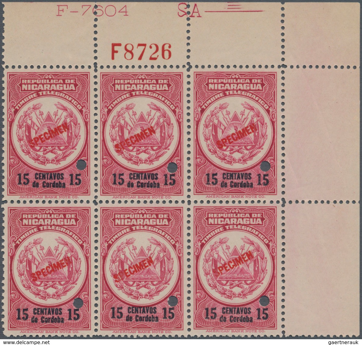 Haiti: 1920, Revenue Stamp 15c. Carmine 'TIMBRE TELEGRAFOS' Block Of Six From Upper Right Corner Wit - Haiti
