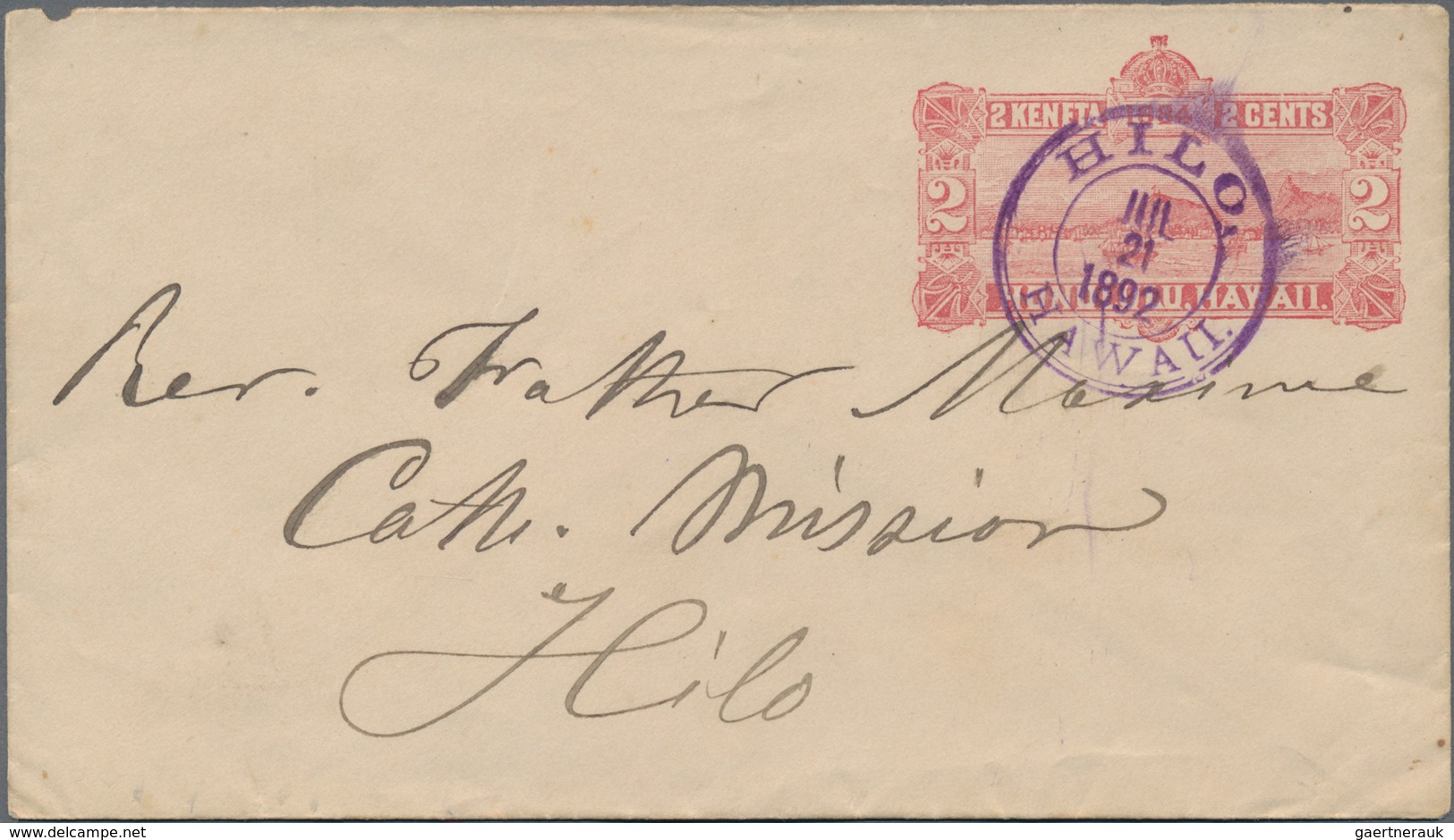 Hawaii - Ganzsachen: 1892 Postal Stationery Envelope 2c. (View Of Honolulu Harbor), Used In Hilo Loc - Hawaii