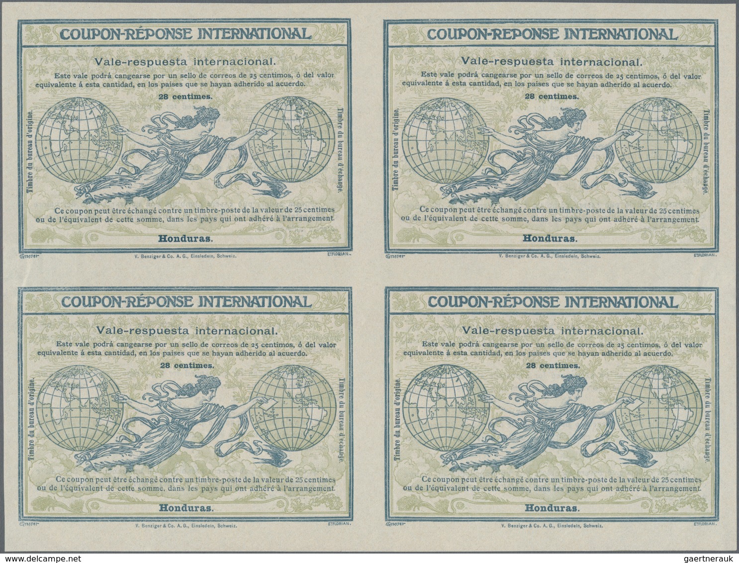 Honduras: 1907/1926. International Reply Coupon 28 Centimes (Rome Type) In An Unused Block Of 4. Hin - Honduras