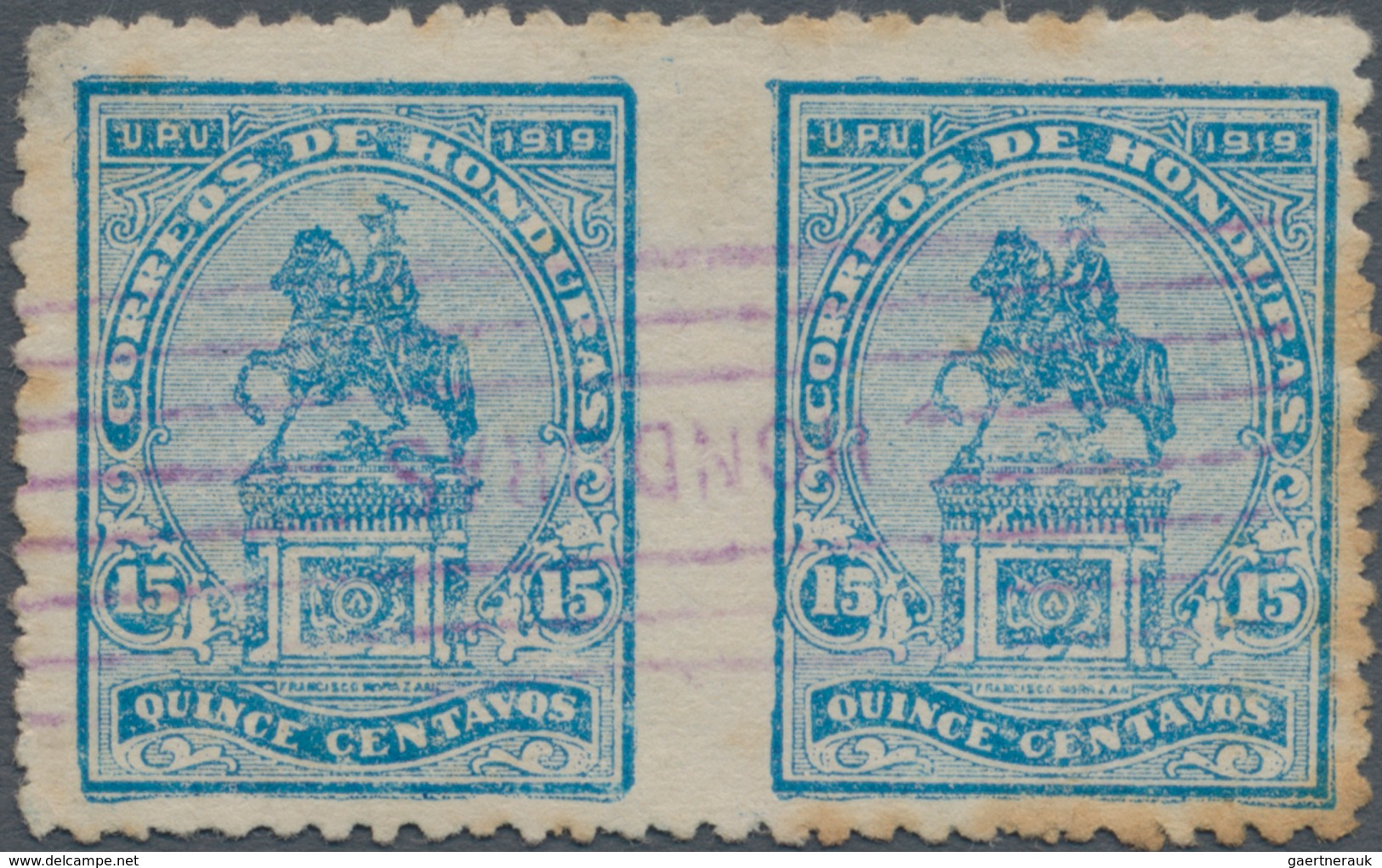 Honduras: 1919, Morazan Horse-rider Monument 15 C. Light Blue, Horizontal Pair IMPERFORATED BETWEEN, - Honduras