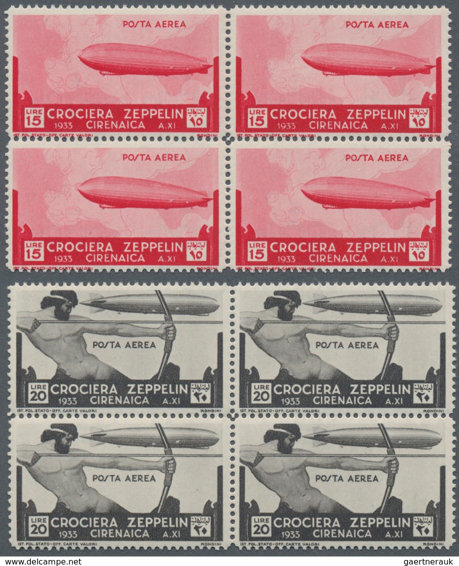 Italienisch-Cyrenaica: 1933, Airmails Zeppelin, 3l.-20l., Complete Set Of Four Values In Blocks Of F - Cirenaica