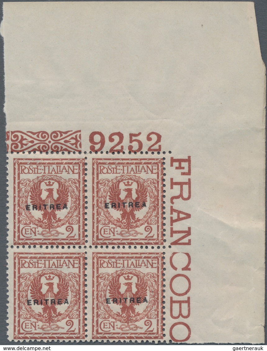 Italienisch-Eritrea: 1924, 2 C Red-brown With Overprint ERITREA In Block Of 4, Corner-sheet Upper Ri - Eritrea