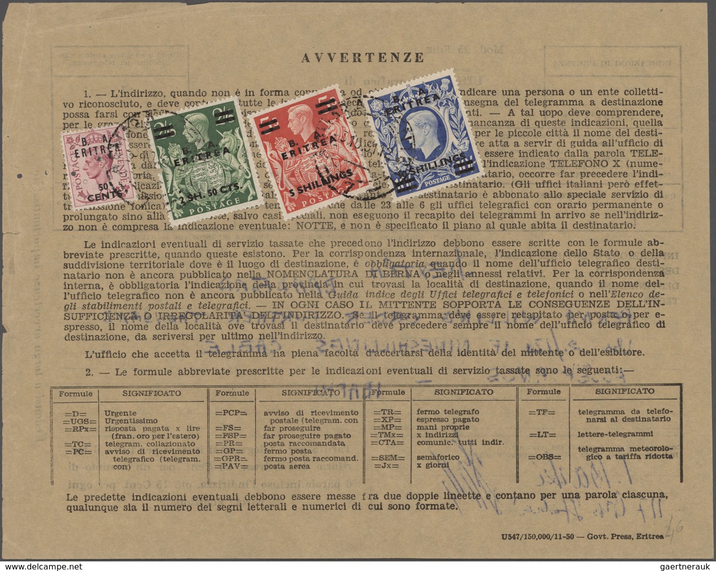 Italienisch-Eritrea: 1951, British Administration, Entire Telegram Bearing 1950 Overprints 50c., 2sh - Eritrea