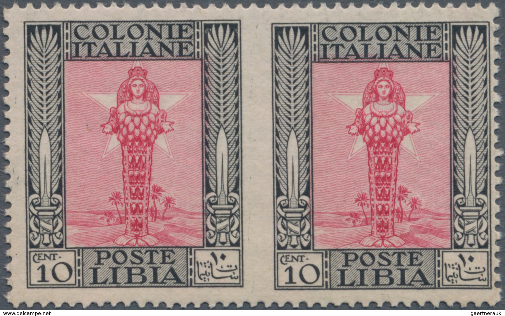 Italienisch-Libyen: 1924, Definitives "Pittorica", 10c. Black/rose, Horizontal Pair Showing Variety - Libya