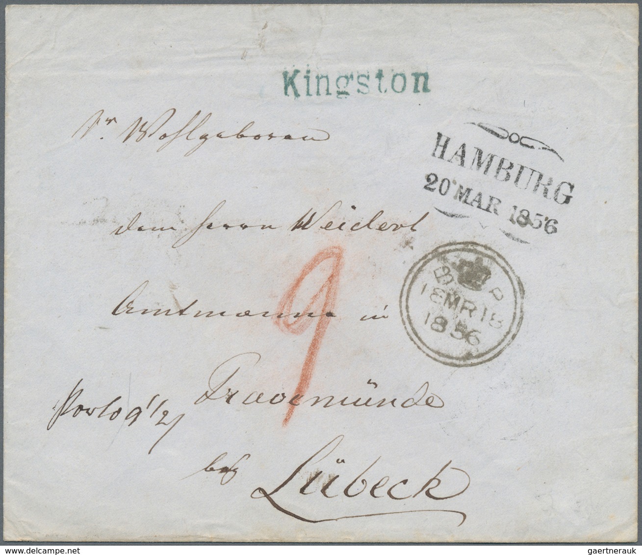 Jamaica - Vorphila: 1856, Bluegreen Single-line 'Kingston' Hs. Used On Cover With Red Ms. '9' And Bl - Jamaica (...-1961)