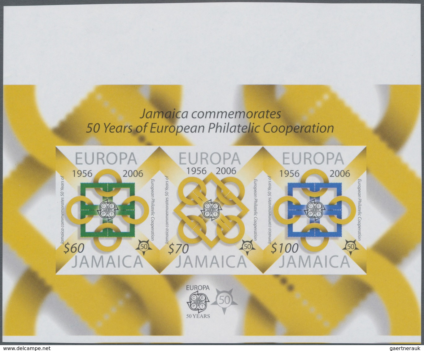 Jamaica: 2005, 50 Years Europa-CEPT Stamps Complete Set Of Three In Horizontal IMPERFORATE Gutter Pa - Jamaica (1962-...)