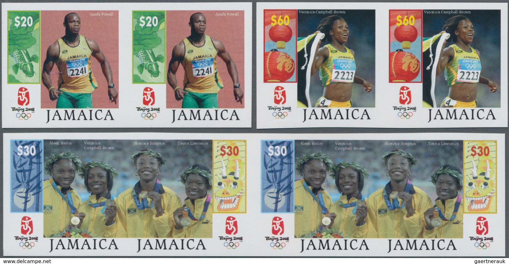 Jamaica: 2008, Summer Olympics Beijing Complete Set Of Four In Horizontal IMPERFORATE Pairs, Mint Ne - Jamaica (1962-...)