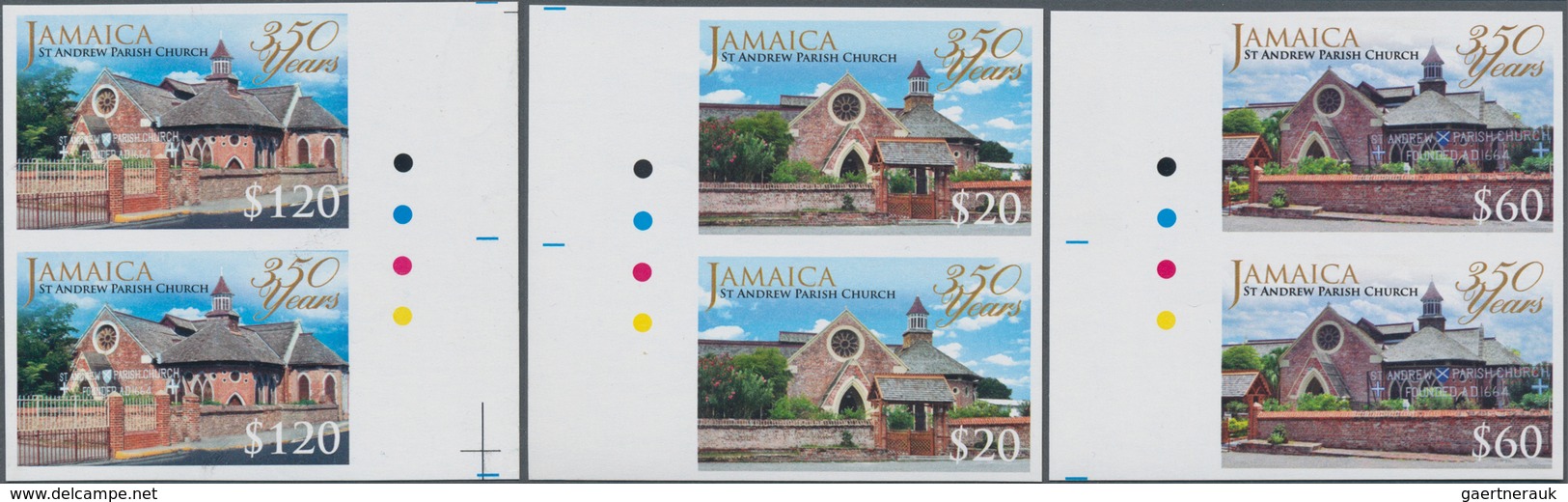 Jamaica: 2014, 350 Years Of St. Andrew Parish Church Complete Set Of Three In Vertical IMPERFORATE P - Jamaica (1962-...)