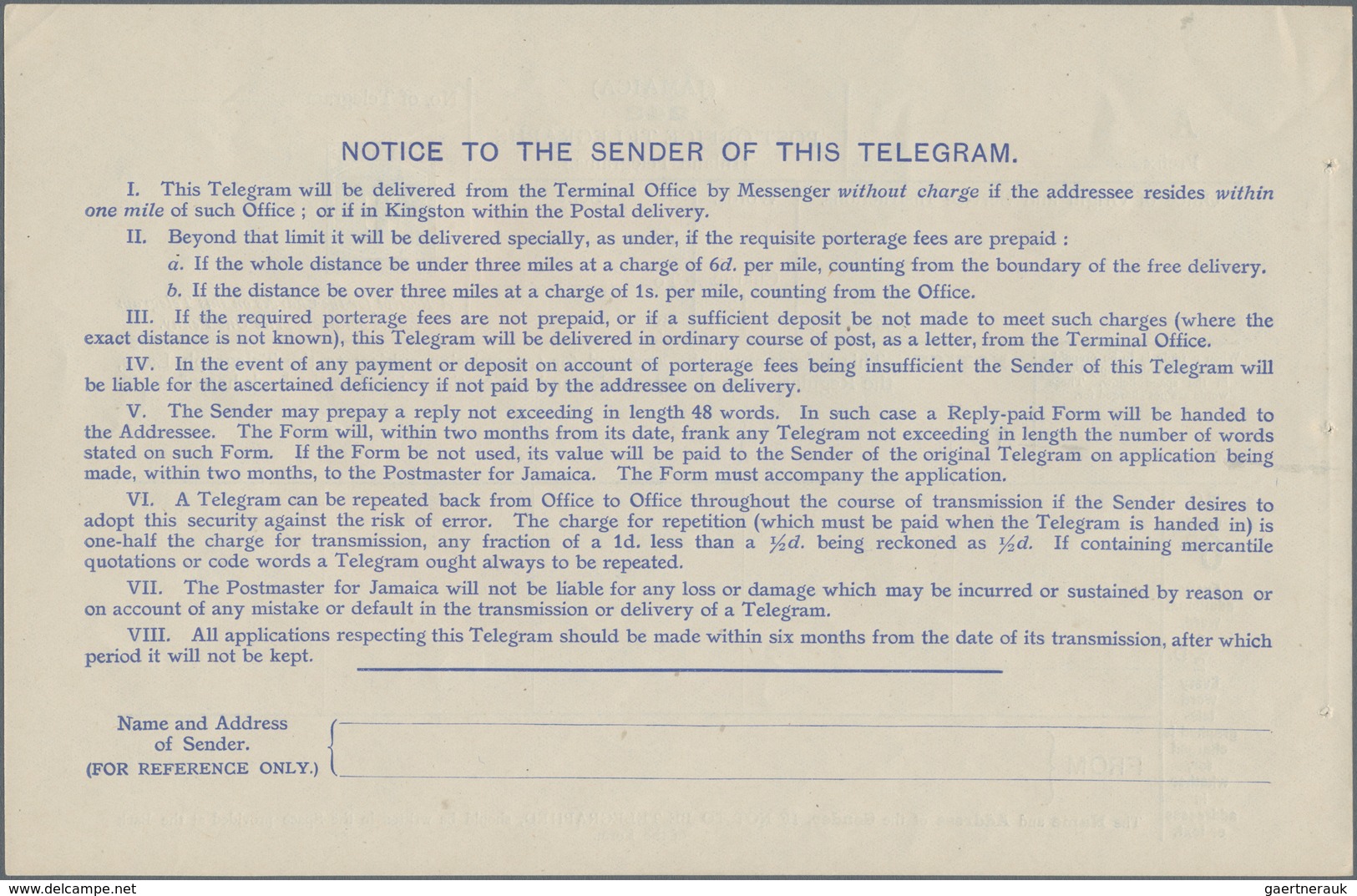 Jamaica - Ganzsachen: 1911 Telegram Form 'Arms' 6d. Blue, Unused, With A Light Short Corner Crease A - Jamaica (...-1961)