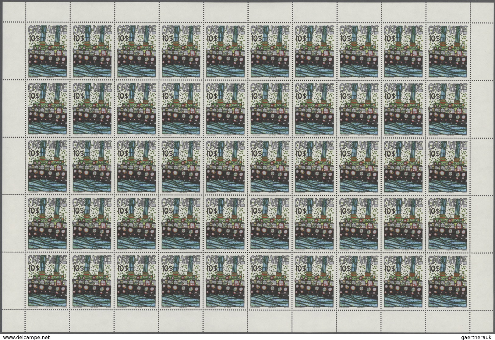 Kap Verde: 1982, Hundertwasser, Not Issued $10, Complete (unfolded) Sheet Of 50 Stamps, Mint Never H - Kap Verde