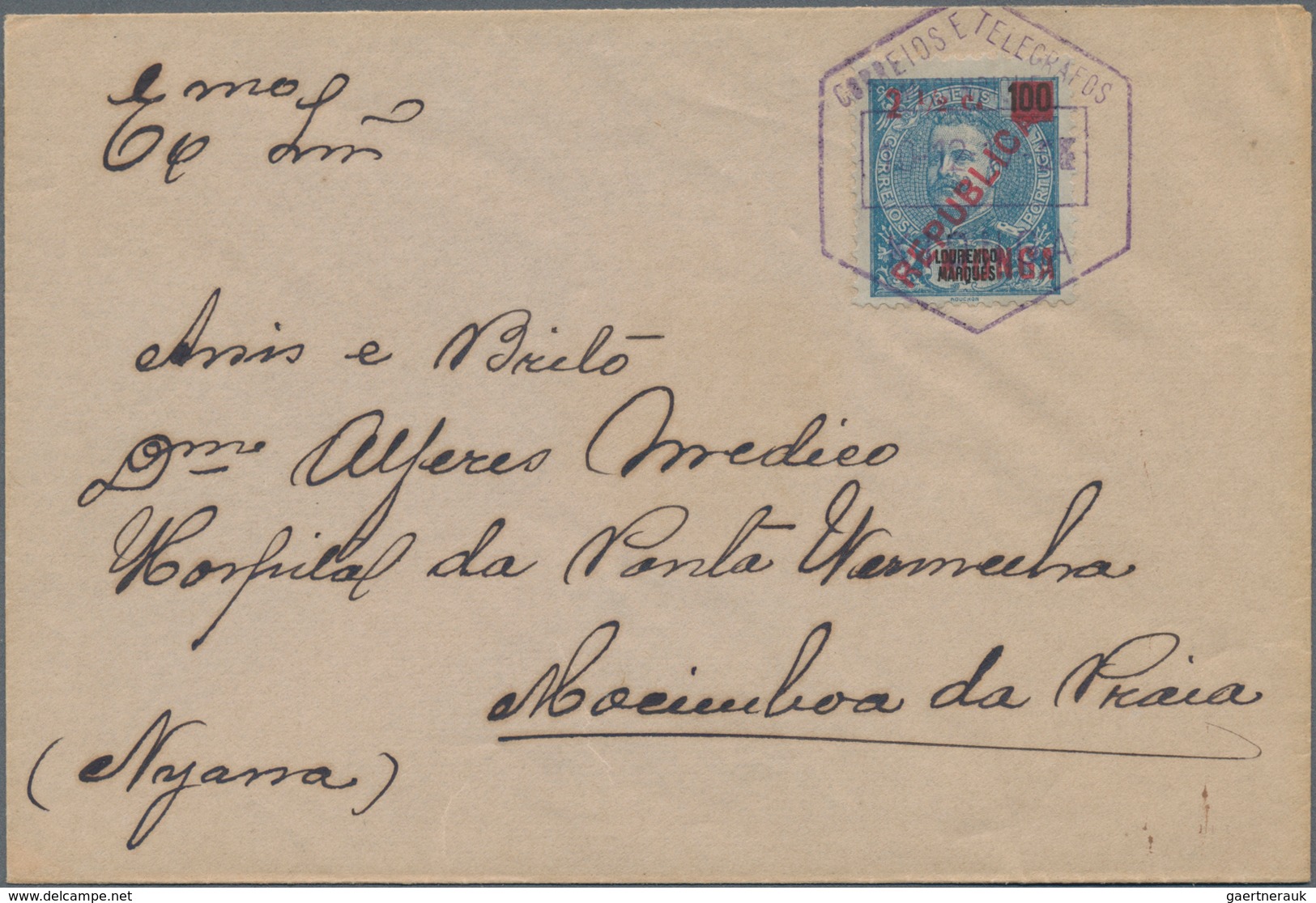 Kionga: 1916, 2 1/2 C On 100 R Blue/black, Tied By Violet Hexagonal KIONGA / CORREOS E TELEGRAFOS MO - Kionga