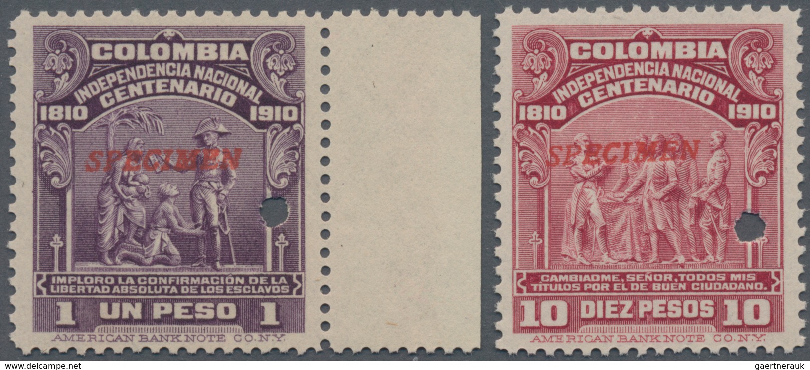 Kolumbien: 1910, Centenary Of Independence 1p. Dark Violet And 10p. Carmine 'Bolivar With Free Slave - Kolumbien