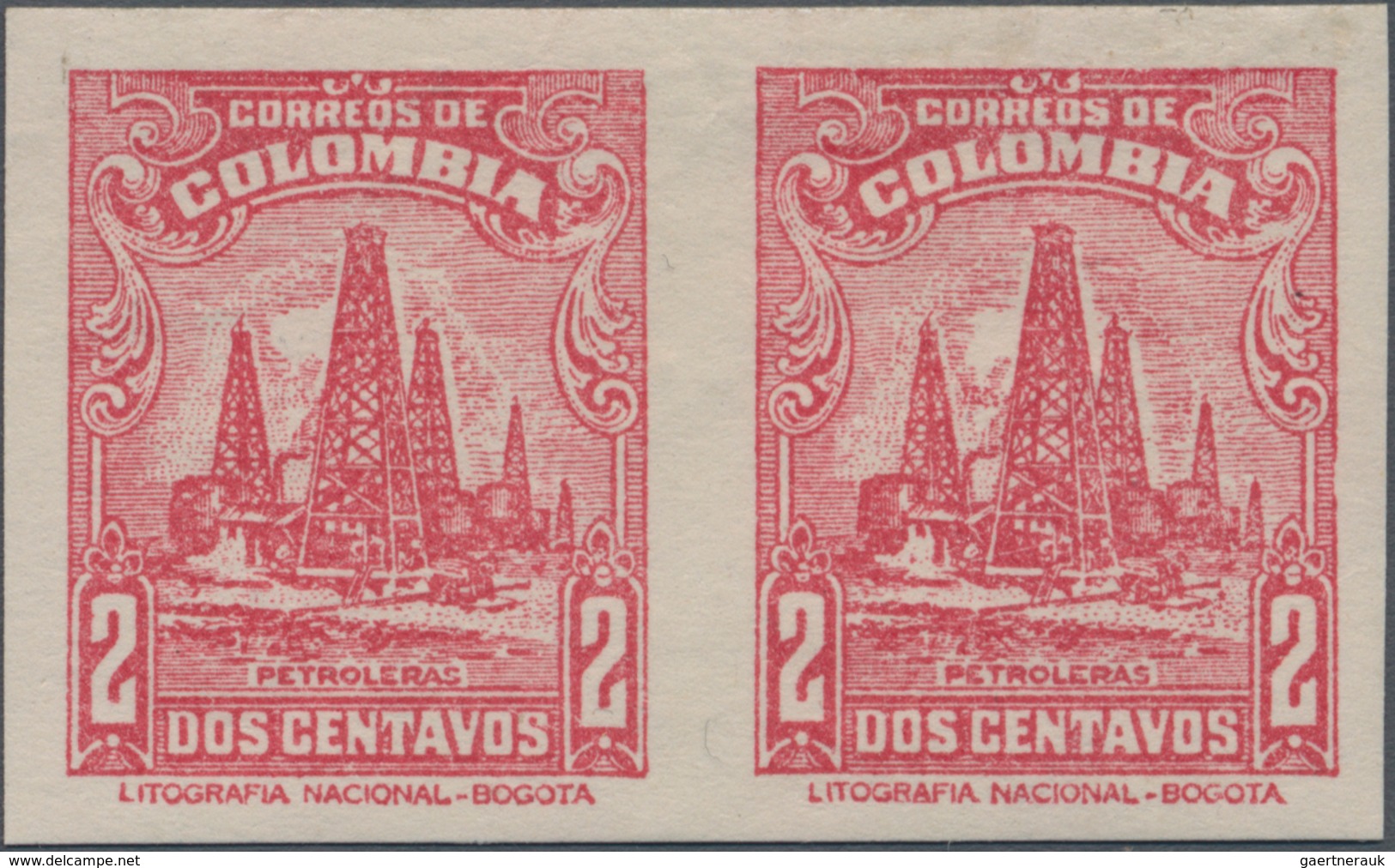 Kolumbien: 1935, Horizontal Pair Of Issue Drilling Towers, With Rest Of Hinge And Gum Flaw, Proof. - Kolumbien