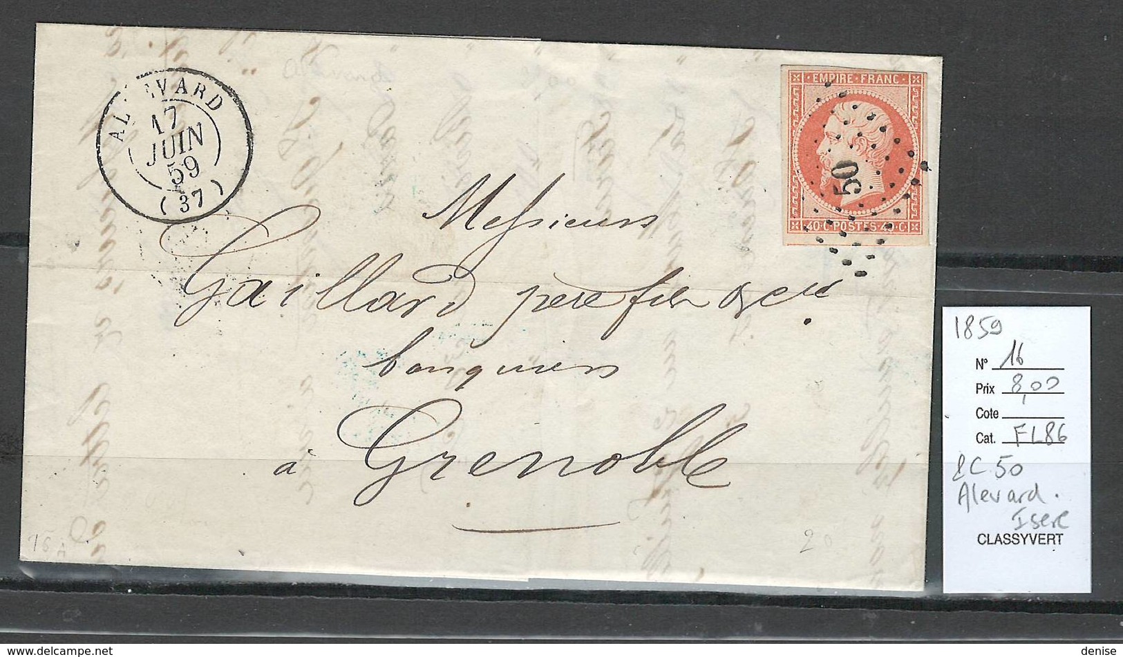 France - Lettre - Yvert 18 - PC 50 Alevard - Isere 1859 - 1849-1876: Classic Period