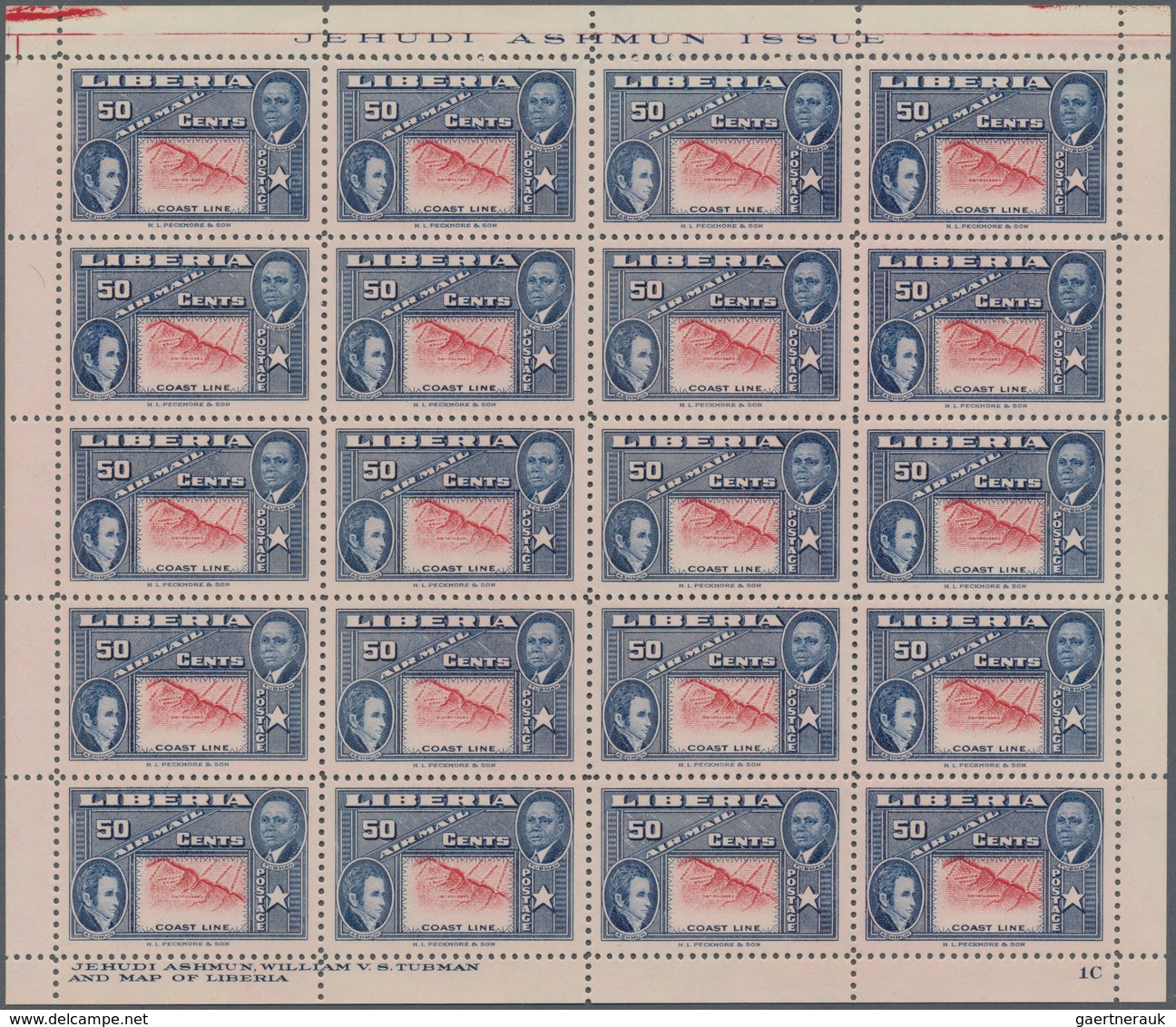 Liberia: 1952. Jehudi Ashmun Issue, 50 C Airmail Stamp, INVERTED CENTER, MNH, Complete Sheet Of 20. - Liberia