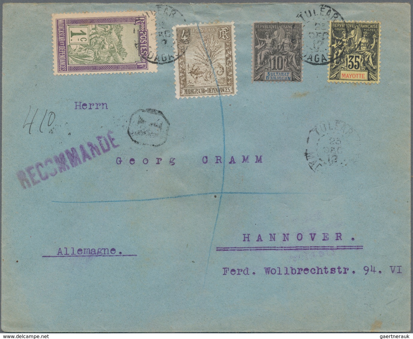 Madagaskar: 1912, Registered Mail From Toléar/Toliara Madagaskar To Hannover Franked By One C Yellow - Madagaskar (1960-...)