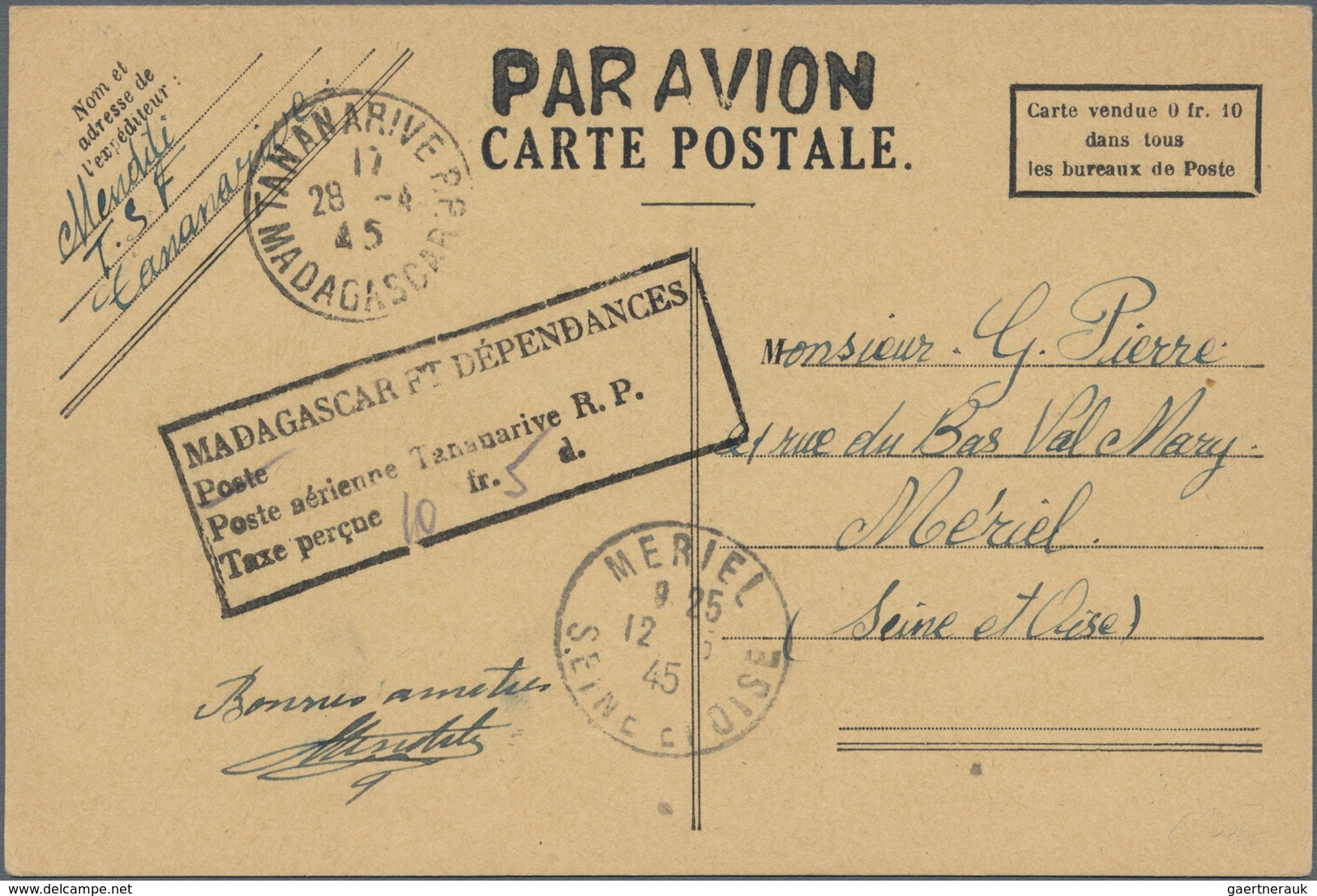 Madagaskar: 1945, Cash Paid Form Card From Tananarive To Mériel, No Message On Reverse. - Madagascar (1960-...)