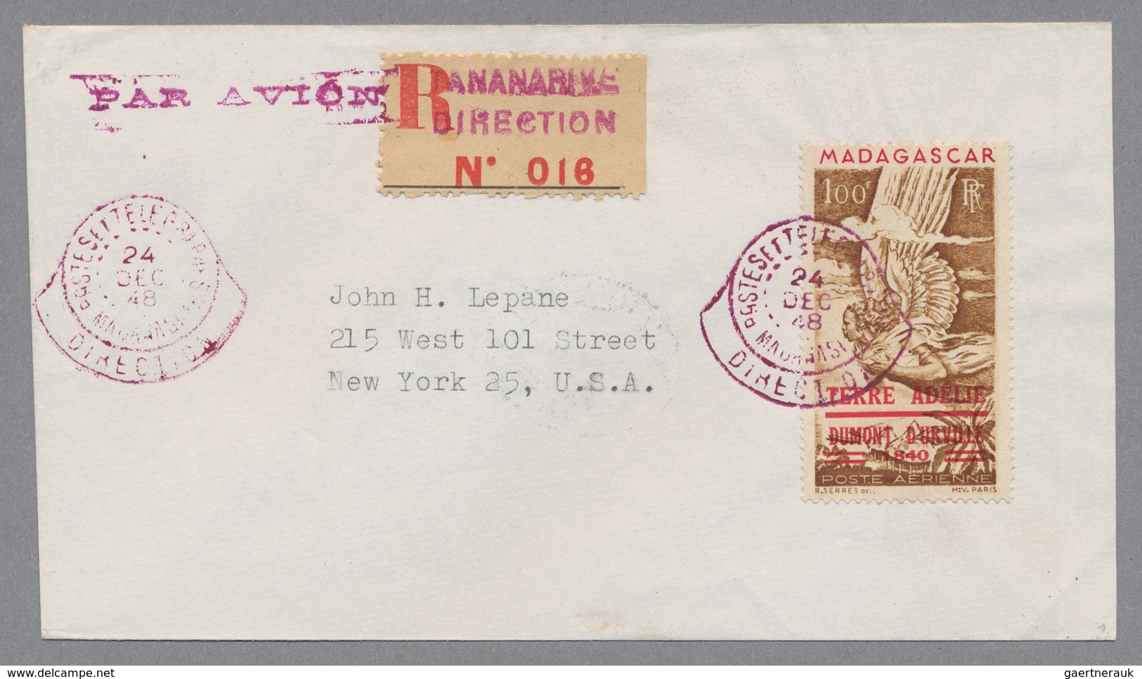 Madagaskar: 1948, Madagaskar Mi.Nr. 417 (Aufdruck TERRE ADELIE) Auf Luftpostbrief 24 DEC 48 Von Tana - Madagascar (1960-...)