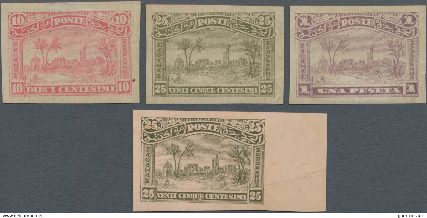 Marokko: LOCALS: MAGAZAN A MARRAKESH, 1897, 10c. Rose, 25c. Green, 1p. Violet, Three Imperf. Values - Ungebraucht