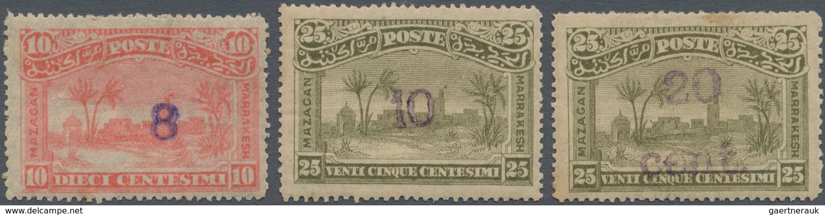 Marokko: LOCALS: MAGAZAN A MARRAKESH, 1898, Overprints, 8 On 10c. Rose, 10 On 25c. Olive And 20 Cent - Unused Stamps